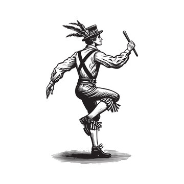 Monochrome drawing of a traditional Morris dancer performing with sticks and feathered hat