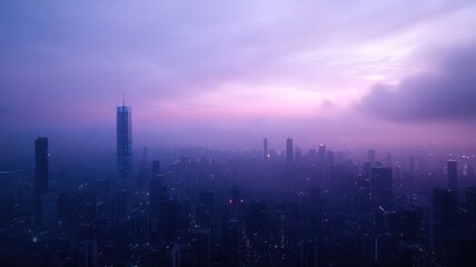 Fototapeta premium Hazy Purple Cityscape at Dawn with Tall Skyscraper