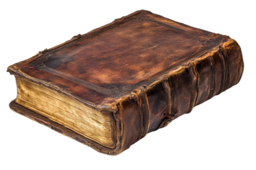 Antique leather-bound book with worn pages, vintage style transparent