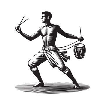 Striking woodcut illustration of a malambo dancer in dynamic pose with drum