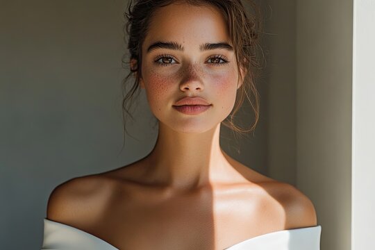 Soft light illuminates serene portrait, highlighting natural bea