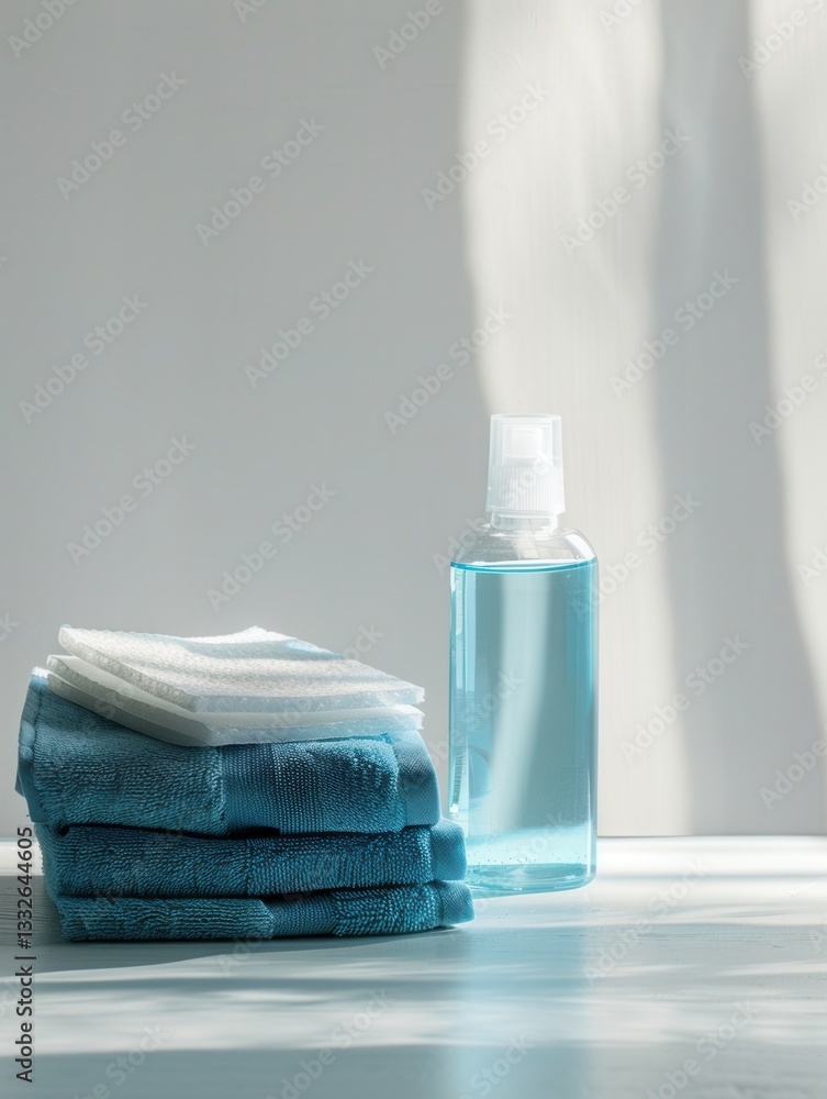 Poster cleanliness and safety essentials for medical facilities and office spaces featuring disinfectant an