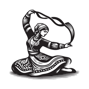 Woodcut style illustration of woman performing Dabke dance with traditional dress