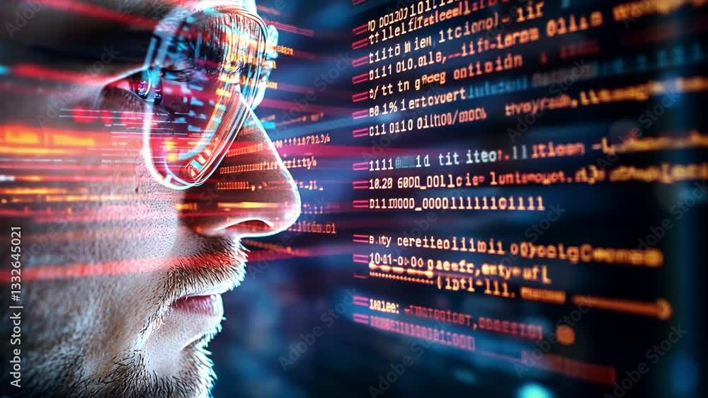 Poster exploring futuristic tech through high-res digital data streams and coding visuals