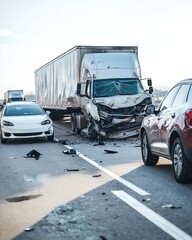 Multi-car accident involving a truck and multiple vehicles on highway
