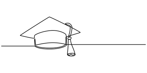 continuous line graduation cap.one line drawing of graduation cap. university graduation sign isolated white background, One continuous line drawing of graduation hat. Concept of student of university
