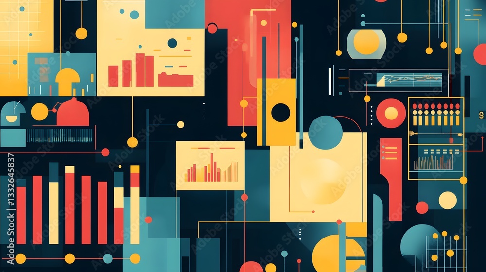 Poster Modern data analysis showing charts and diagrams displaying statistics