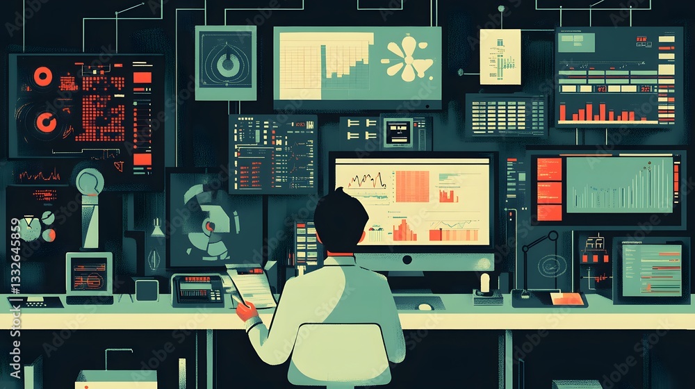 Aufkleber Data analyst working with multiple computer screens showing charts and graphs