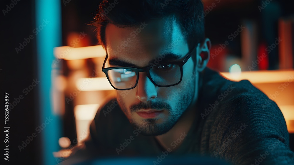 Aufkleber Focused software developer working late at night on computer programming project