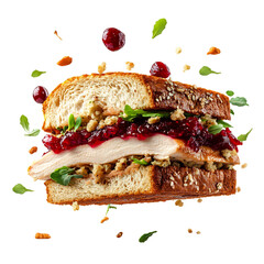 A Fresh Roasted Turkey Sandwich with Cranberry Sauce Isolated on Transparent Background