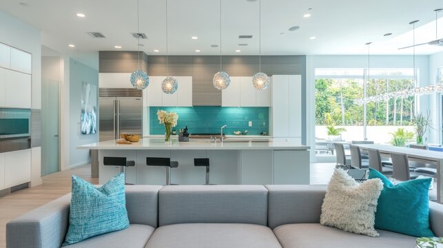 Modern kitchen, open-plan living, luxury home, interior design, teal accents