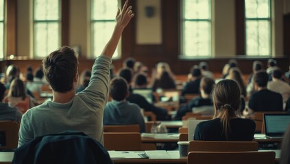 Student raising hand in classroom, lecture hall. Other students, laptops, desks. Education concept