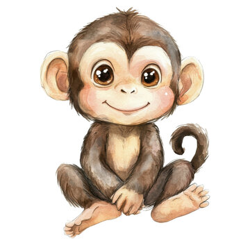 Adorable Baby Monkey Watercolor Clipart on transparent background.