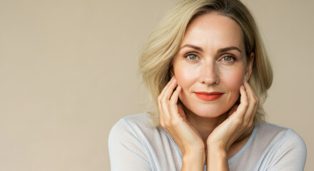 Fototapeta premium Smiling mature caucasian female with blonde hair and light makeup