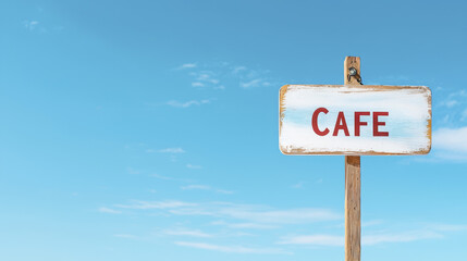 minimalist cafe sign against clear blue sky, inviting visitors