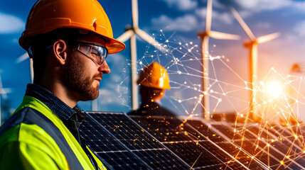 Focused Engineer Inspecting Solar Panels Near Wind Turbines