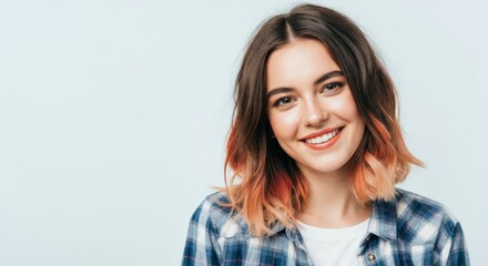 Fototapeta premium Smiling young caucasian female with ombre hair in plaid shirt against light background