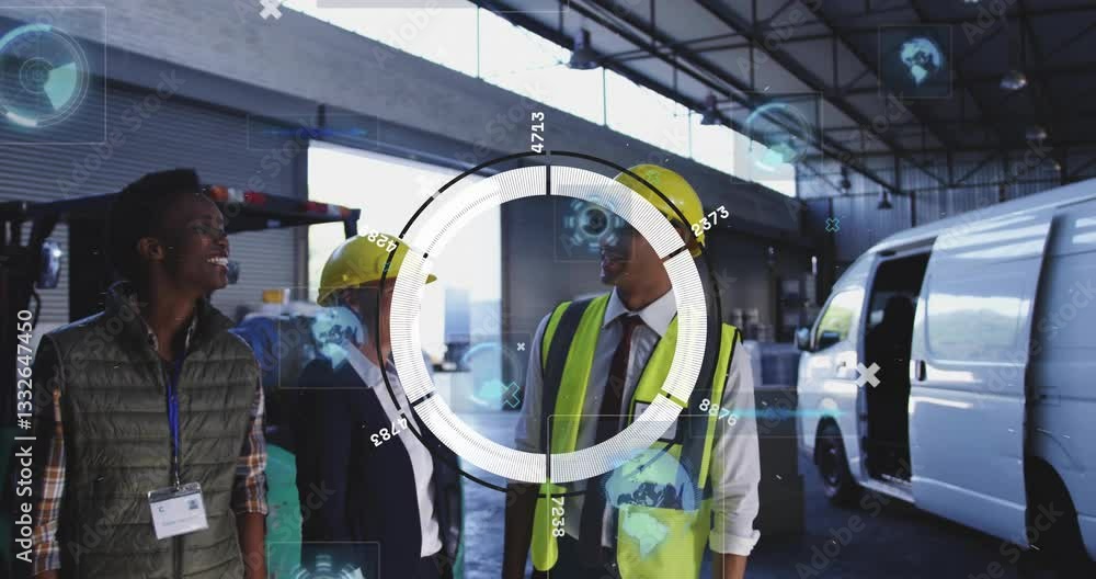 Poster engineers in safety gear discussing with digital data processing animation overlay