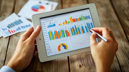 Hand holding a pen over a tablet showing charts and graphs, with papers on a wood surface