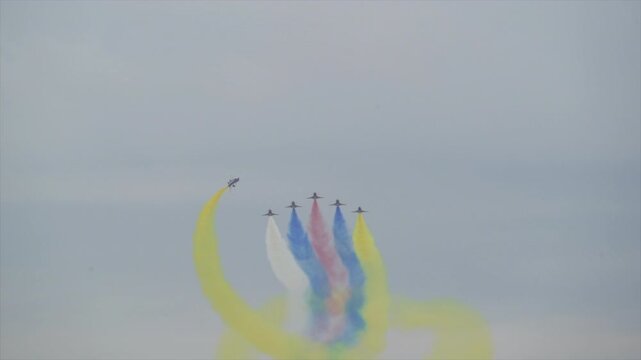 Chinese aerobatic aircraft show using a J10 aircraft at Don Mueang Airport