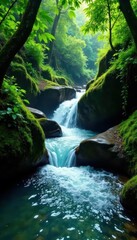 Crystal clear water tumbles over mossy rocks in dense jungle, image, green