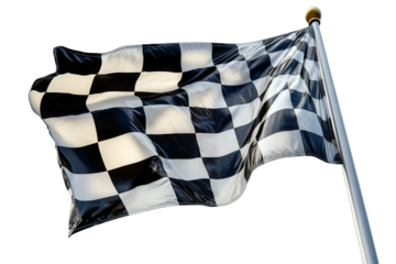 Waving black and white checkered flag on flagpole, cut out transparent