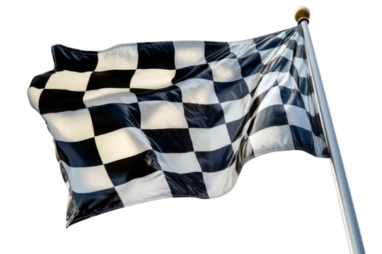 Waving black and white checkered flag on flagpole, cut out transparent