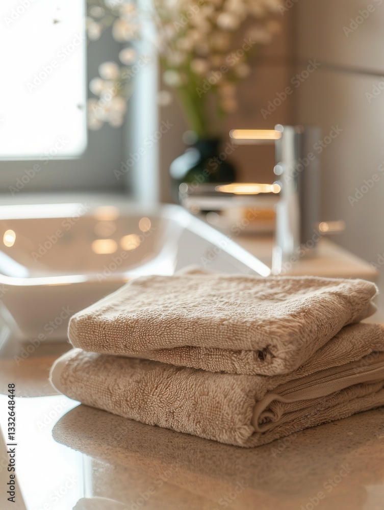 Aufkleber cozy bathroom with neatly folded towels and elegant decor for a calming spa experience generative ai