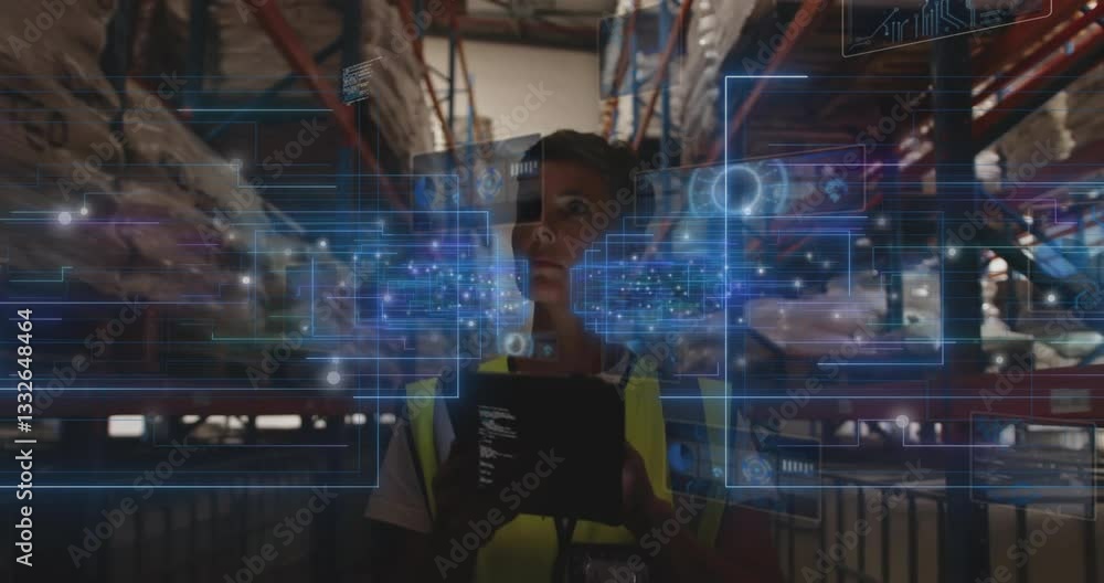 Poster warehouse worker interacting with holographic data displays using digital interface