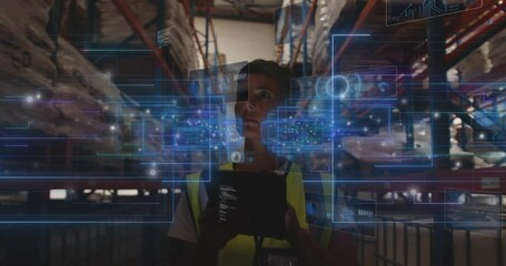 Warehouse worker interacting with holographic data displays using digital interface - Powered by Adobe