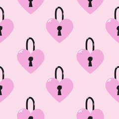Seamless pattern for Valentine's Day. Vector illustration with pink heart-shaped lock.
