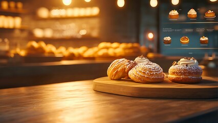 a close-up of pastries on a wooden board, showcasing bakery.