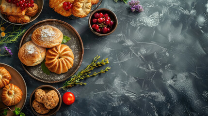 independence Day of Georgia, Georgian national cuisine, traditional pastries, delicious buns, dark background, horizontal banner, copy space, free space for text