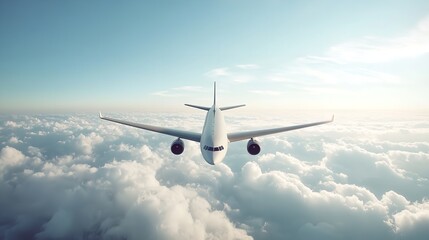 Airplane flying above clouds. Concept of travel, journey, and transportation.