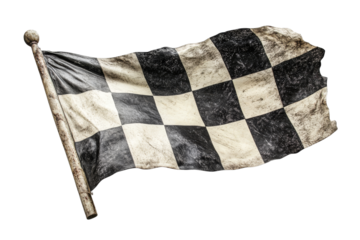 Old racing checkered flag waving on pole, cut out transparent