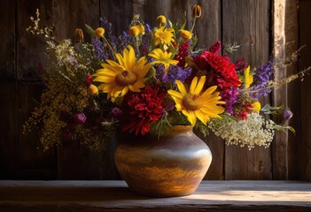 colorful lively bouquet arrangement featuring bright flowers rustic wooden table natural texture, floral, greenery, petals, stems, leaves, composition