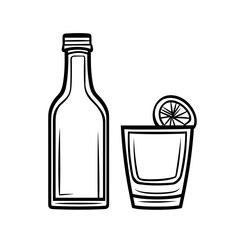 Minimalist black and white illustration of a tequila bottle and shot glass with lime

