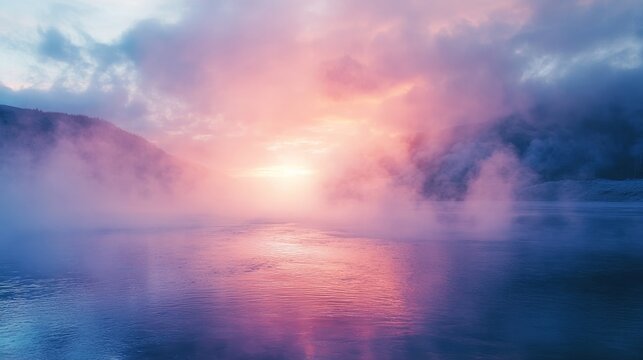 Steam rising from a colorful hot spring at sunrise showcasing nature s stunning beauty