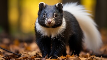 Skunk stands on autumn leaves, black and white with curious face in nature