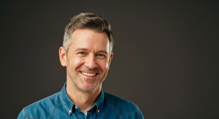Obraz premium Smiling adult caucasian male in denim shirt against dark background