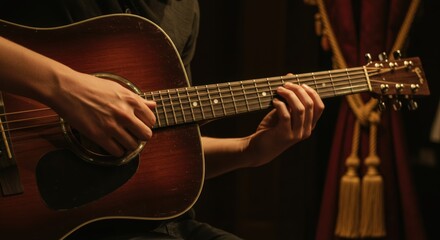 Obraz premium Man playing the acoustic guitar during concert performance, creating smooth melody for music event, providing musical entertainment, creative hobby and skill
