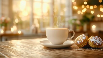a cup of coffee and pastries on a wooden table.