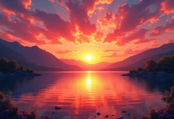 Obraz premium vibrant sunset landscape dynamic reflections bold colors mixing above serene horizon, sky, orange, pink, clouds, blue, yellow, nature, view, water, outdoor