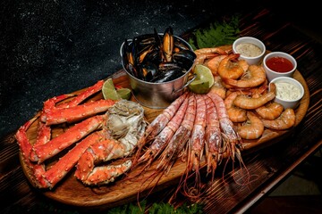 Gourmet Seafood Assortment: Crab Legs, Shrimp, Mussels with Sauces and Lime on Wooden Stand with Greens Decor, Studio Light.