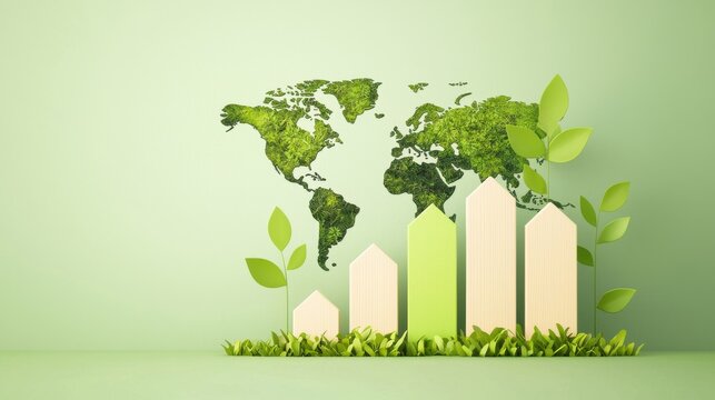 Green World Map with Bar Graph and Fresh Leaves on Light Background