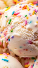Naklejka premium vibrant close-up of funfetti cake batter ice cream, swirled with colorful rainbow sprinkles and chunks of soft cake