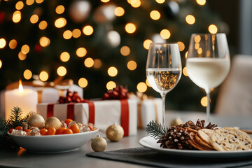 Festive celebration with snacks, drinks, and gifts near a decorated Christmas tree