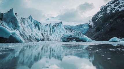 Obraz premium Melting glaciers in a pristine mountain landscape highlight the urgent impact of climate change.