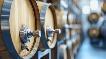Wooden wine barrels in fermentation room, showcasing aging process