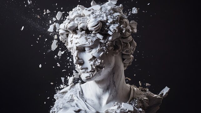 White marble statue exploding on dark background